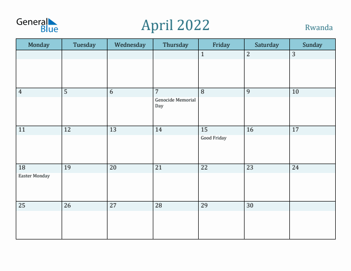 April 2022 Calendar with Holidays