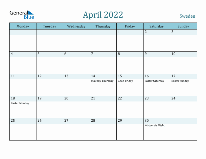 April 2022 Calendar with Holidays