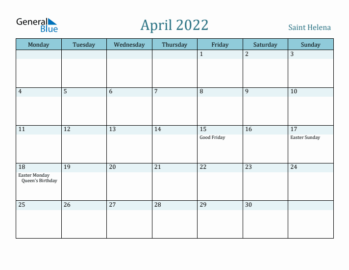 April 2022 Calendar with Holidays