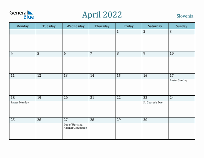 April 2022 Calendar with Holidays