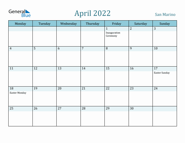 April 2022 Calendar with Holidays