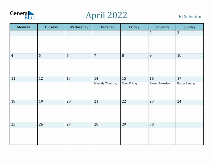 April 2022 Calendar with Holidays