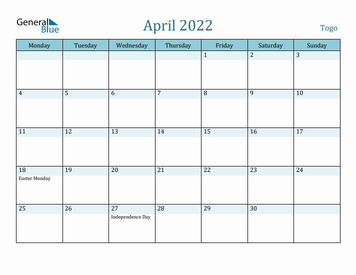 April 2022 Calendar with Holidays