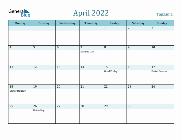 April 2022 Calendar with Holidays