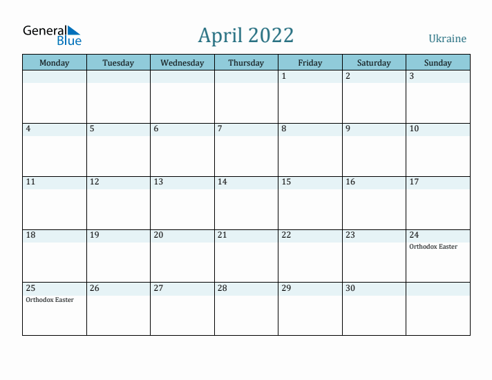 April 2022 Calendar with Holidays