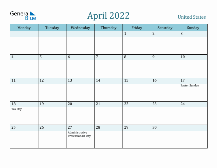 April 2022 Calendar with Holidays