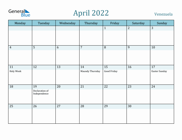 April 2022 Calendar with Holidays