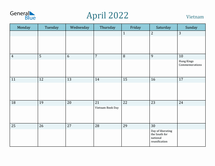 April 2022 Calendar with Holidays