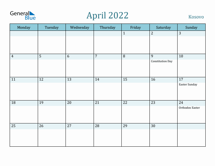 April 2022 Calendar with Holidays