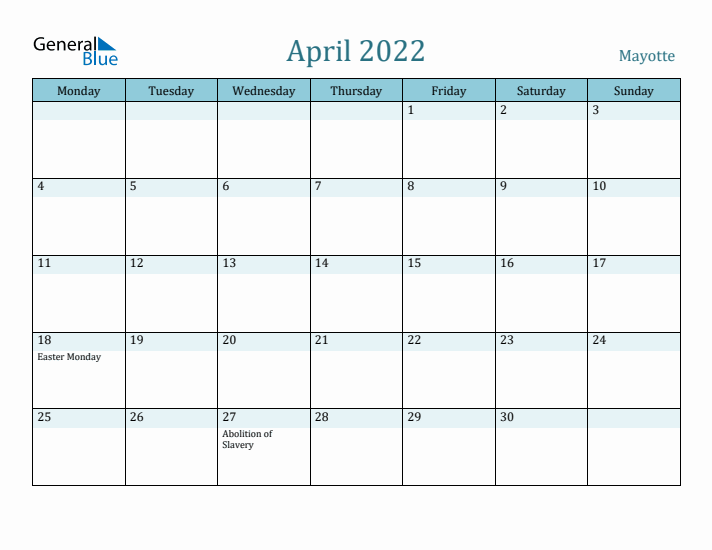 April 2022 Calendar with Holidays