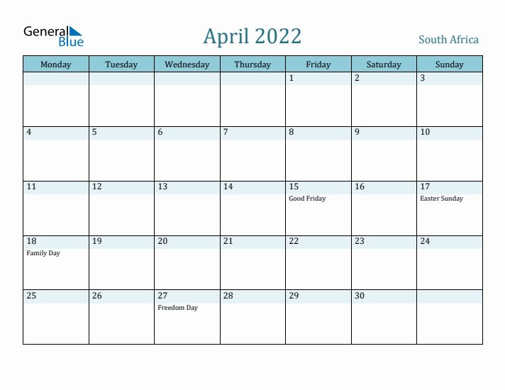 April 2022 Calendar with Holidays