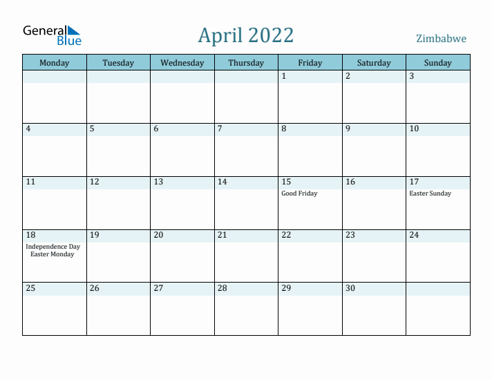 April 2022 Calendar with Holidays