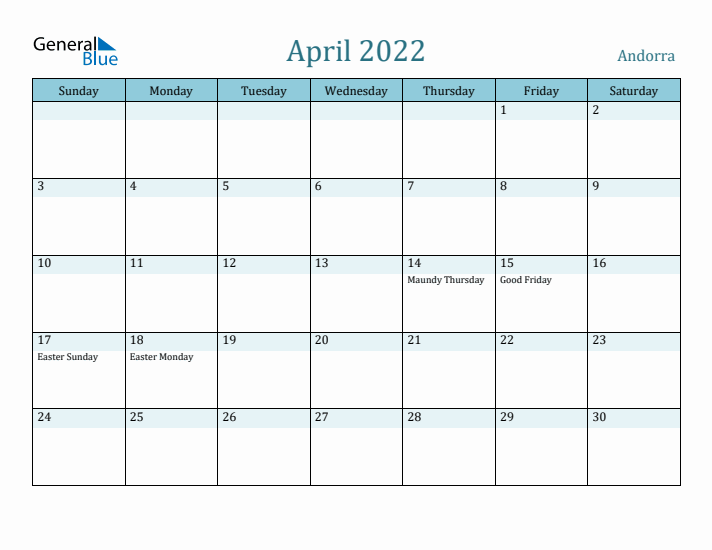 April 2022 Calendar with Holidays