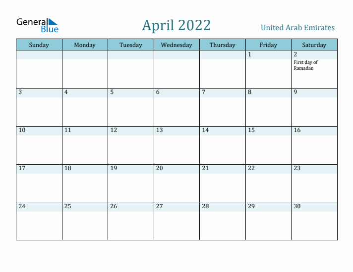 April 2022 Calendar with Holidays