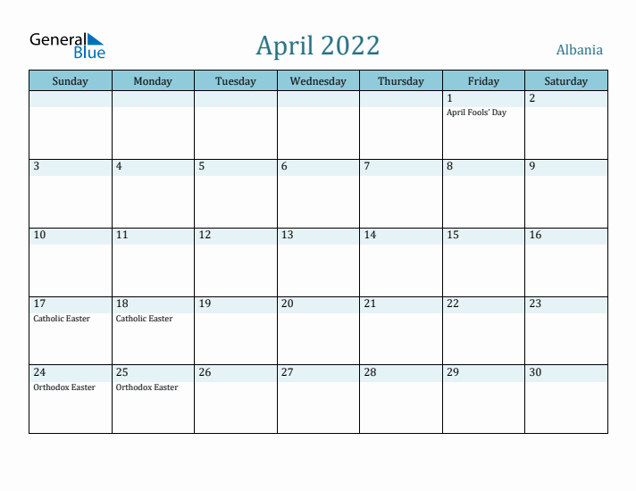 April 2022 Calendar with Holidays