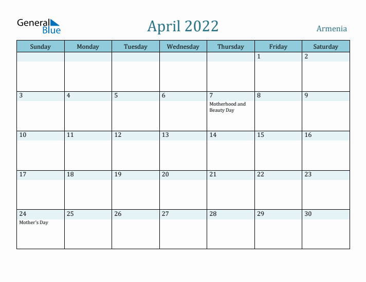 April 2022 Calendar with Holidays