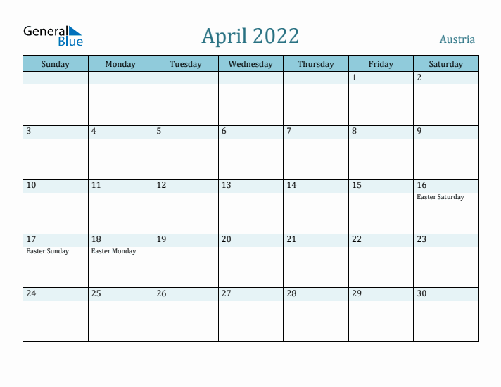 April 2022 Calendar with Holidays