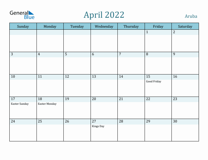 April 2022 Calendar with Holidays