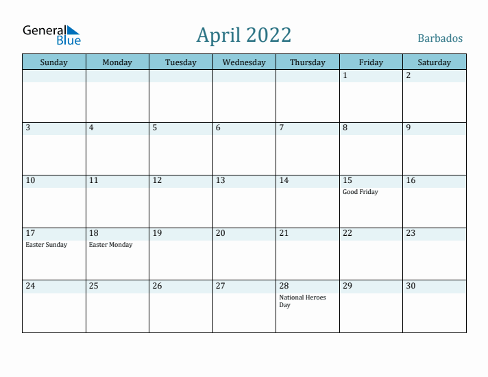 April 2022 Calendar with Holidays