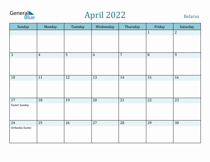 April 2022 Calendar with Holidays