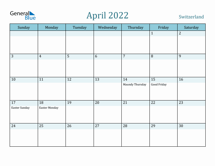 April 2022 Calendar with Holidays