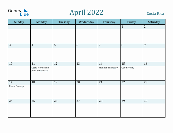 April 2022 Calendar with Holidays