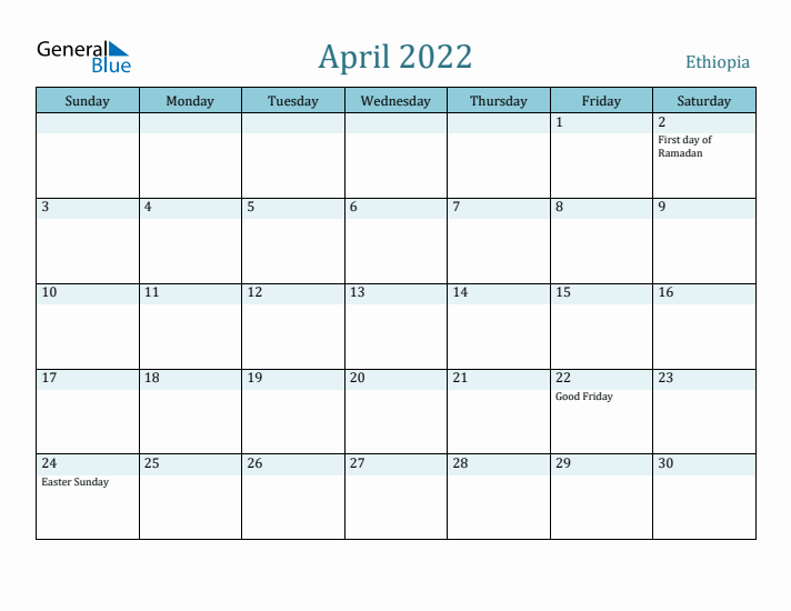 April 2022 Calendar with Holidays