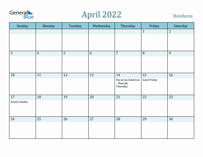 April 2022 Calendar with Holidays