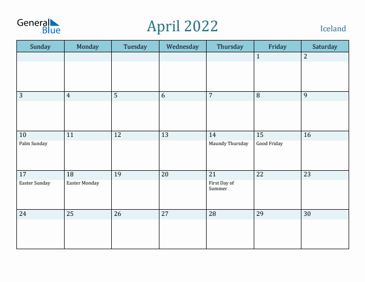 April 2022 Calendar with Holidays