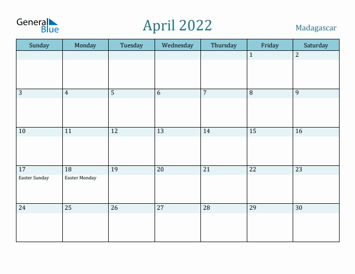 April 2022 Calendar with Holidays