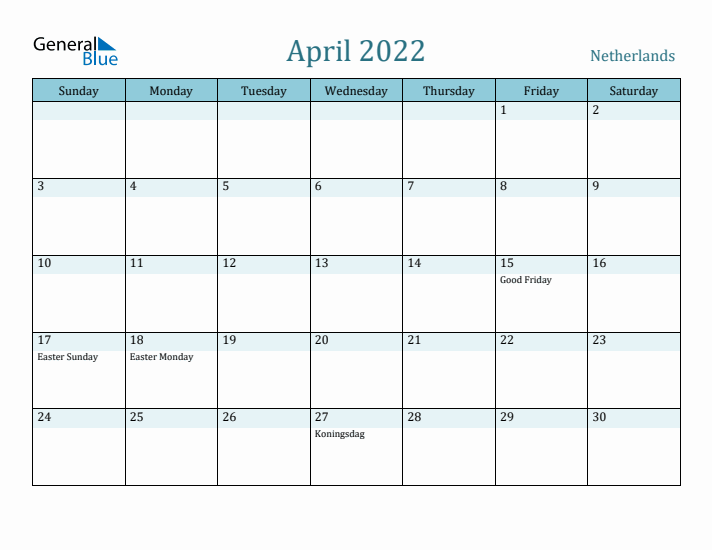 April 2022 Calendar with Holidays