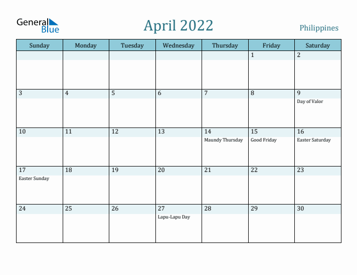 April 2022 Calendar with Holidays