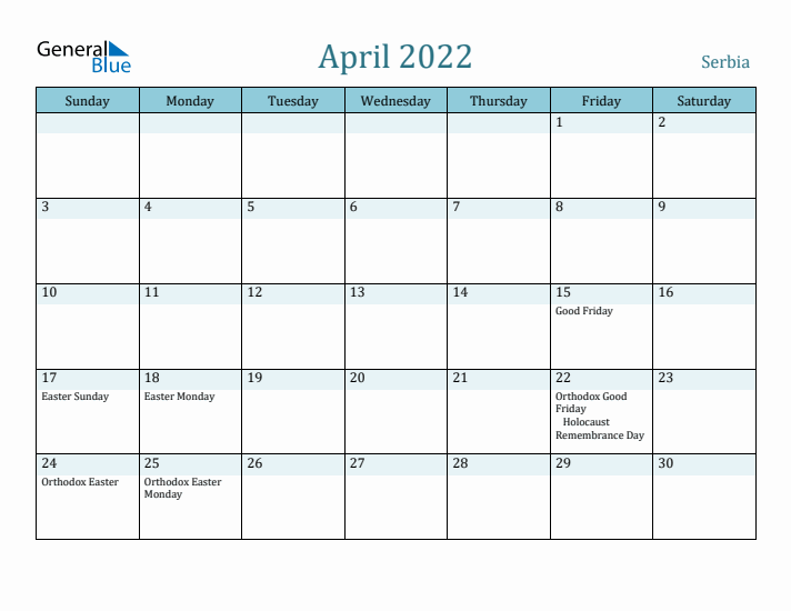 April 2022 Calendar with Holidays