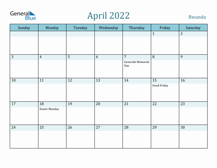 April 2022 Calendar with Holidays