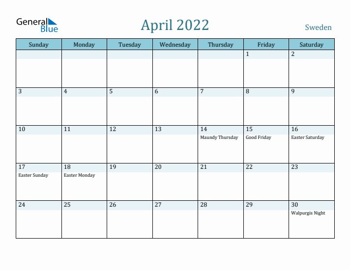 April 2022 Calendar with Holidays