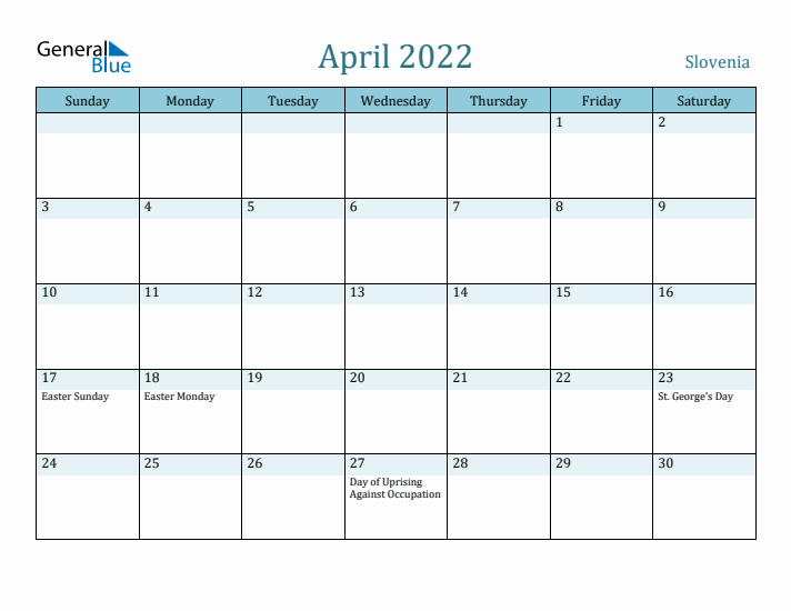 April 2022 Calendar with Holidays