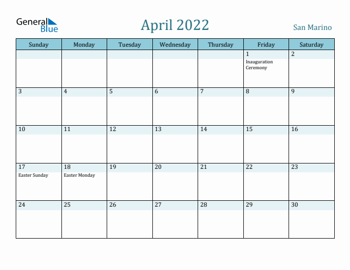 April 2022 Calendar with Holidays