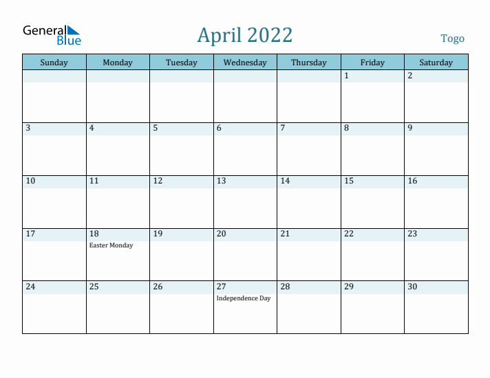 April 2022 Calendar with Holidays