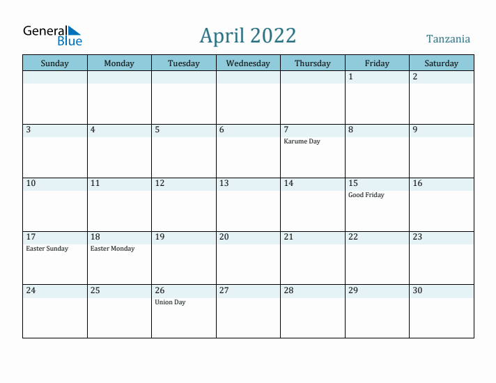 April 2022 Calendar with Holidays