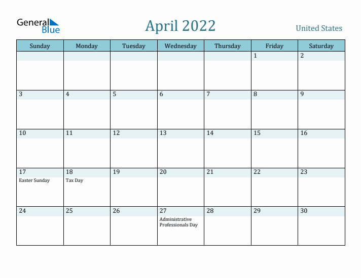 April 2022 Calendar with Holidays