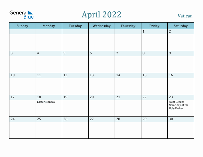 April 2022 Calendar with Holidays