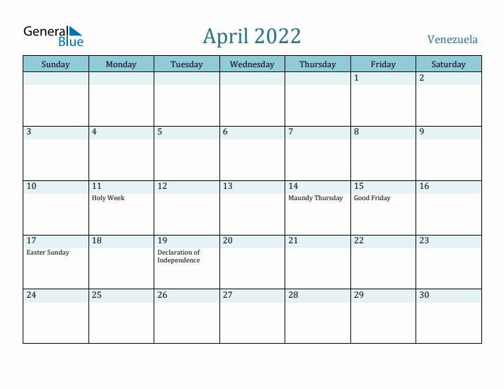 April 2022 Calendar with Holidays