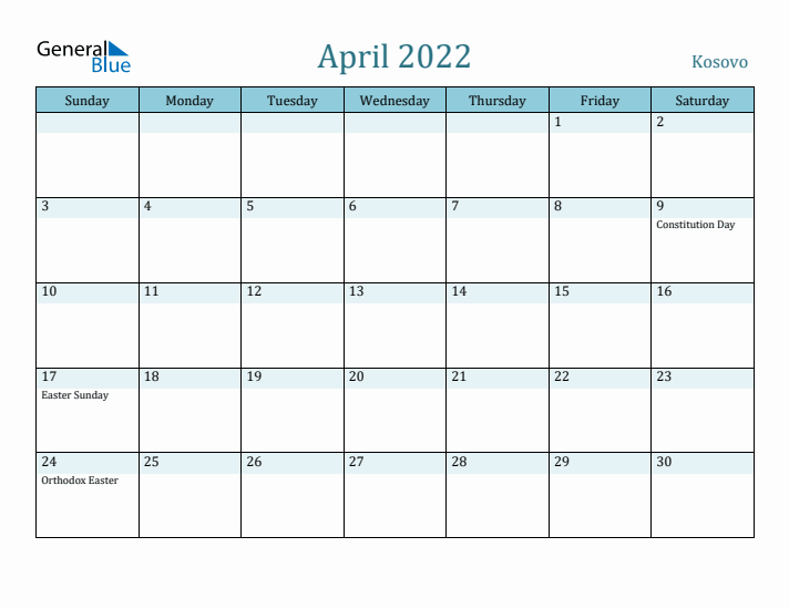 April 2022 Calendar with Holidays