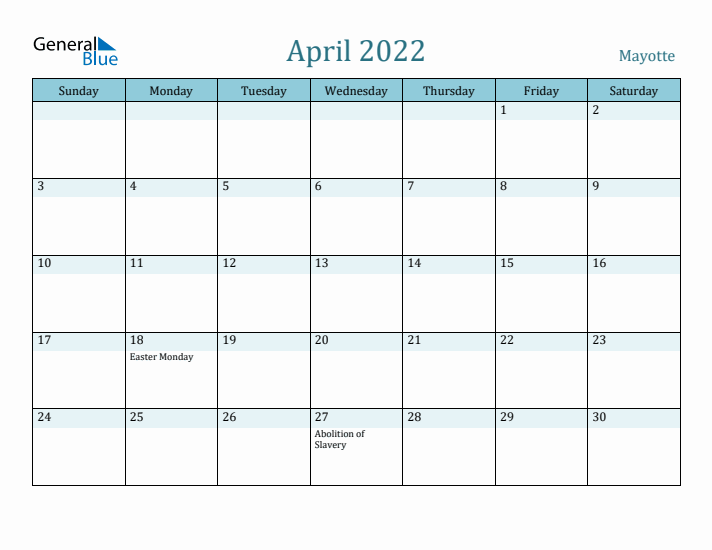 April 2022 Calendar with Holidays