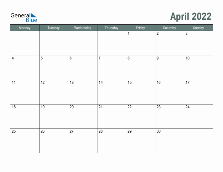 Free Printable April 2022 Calendar