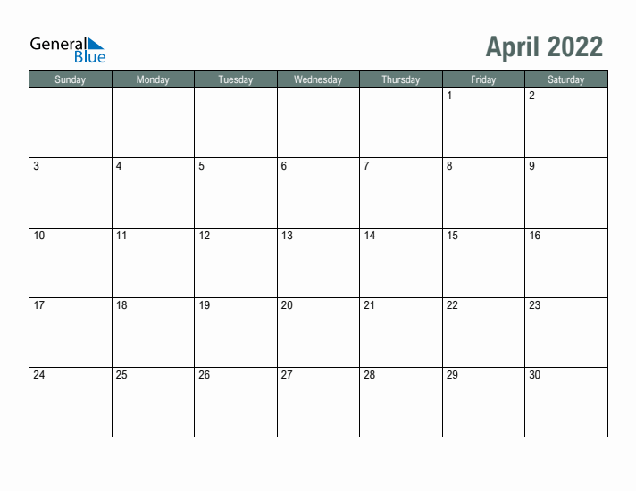 Free Printable April 2022 Calendar