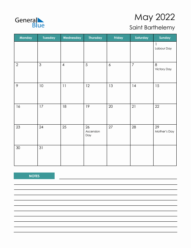 Calendar with Notes Printable - Monday Start