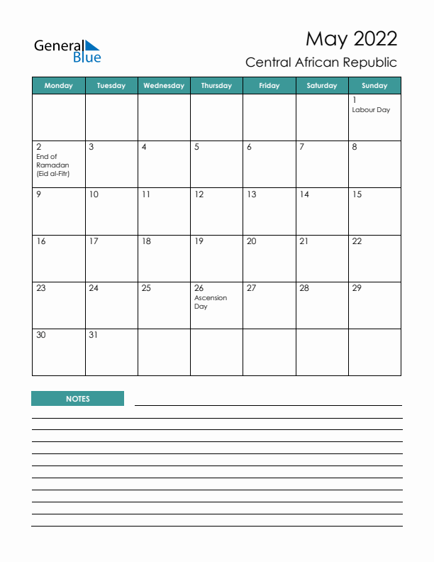 Calendar with Notes Printable - Monday Start