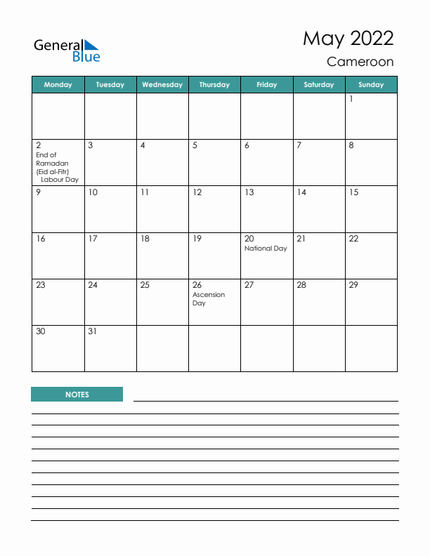 Calendar with Notes Printable - Monday Start