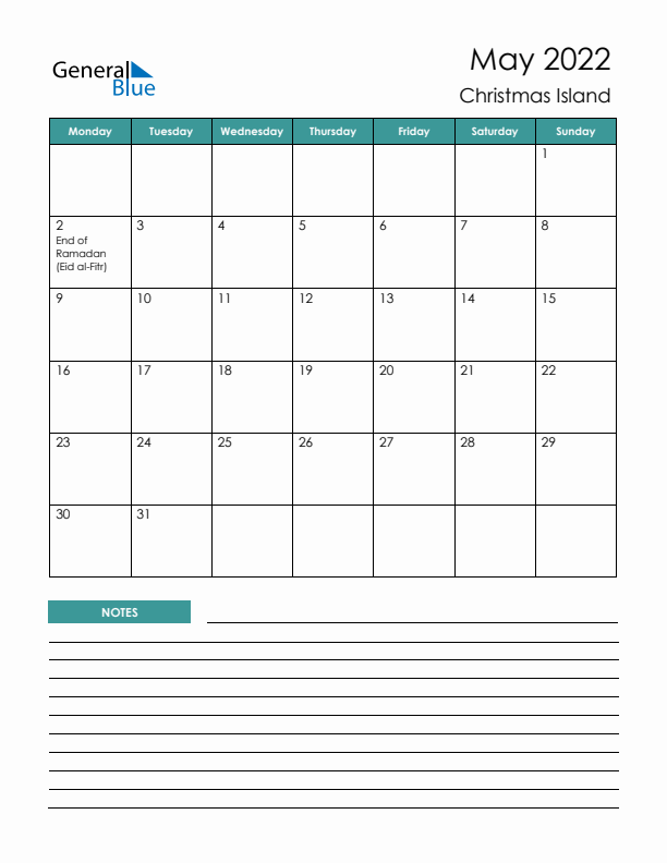 Calendar with Notes Printable - Monday Start